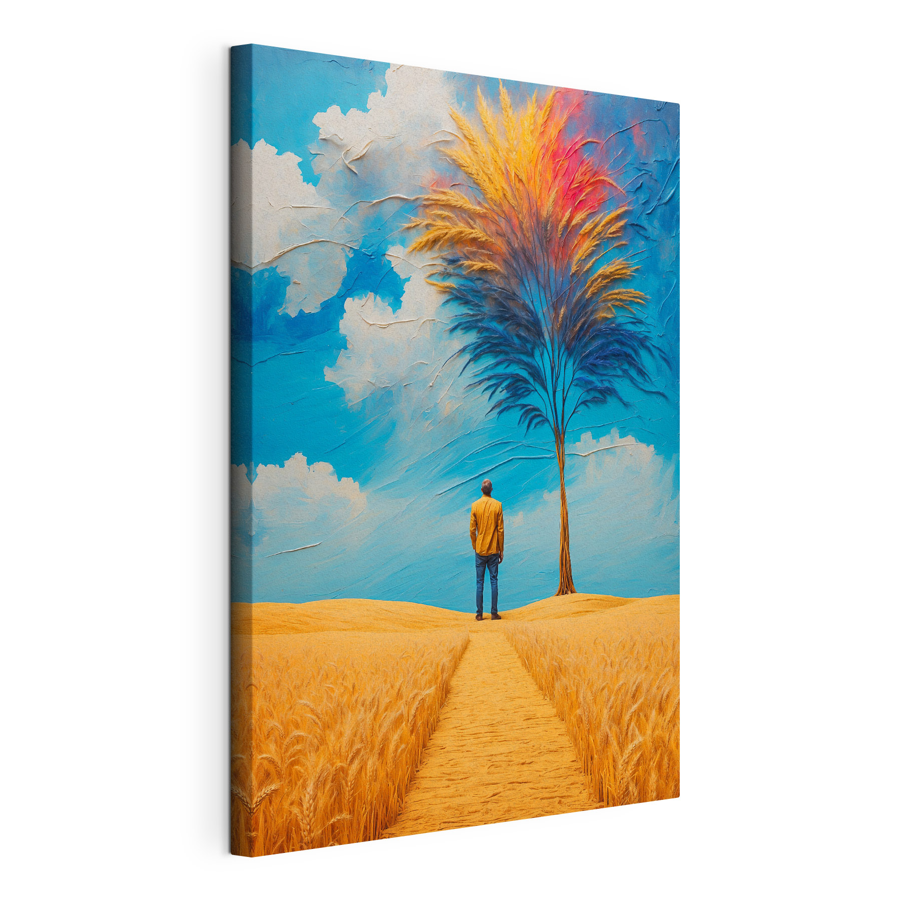 A man standing in a field with a tree and blue sky A man standing in a field with a tree and blue sky