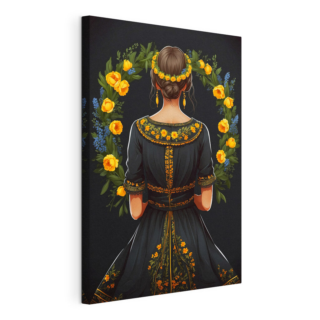 A woman in a black dress with yellow flowers around her neck A woman in a black dress with yellow flowers around her neck