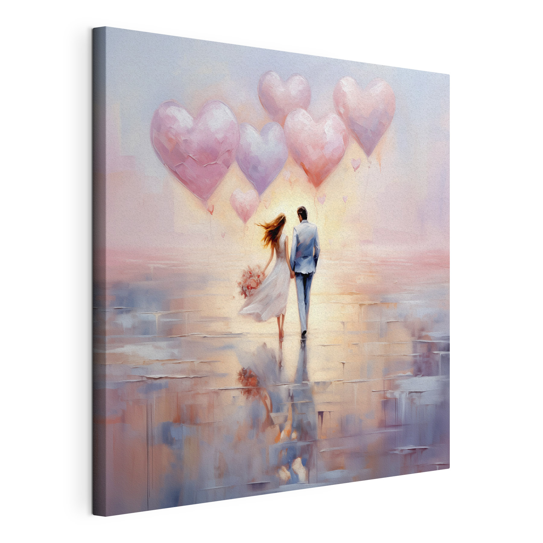 A painting of a man and woman holding hands and holding balloons A painting of a man and woman holding hands and holding balloons