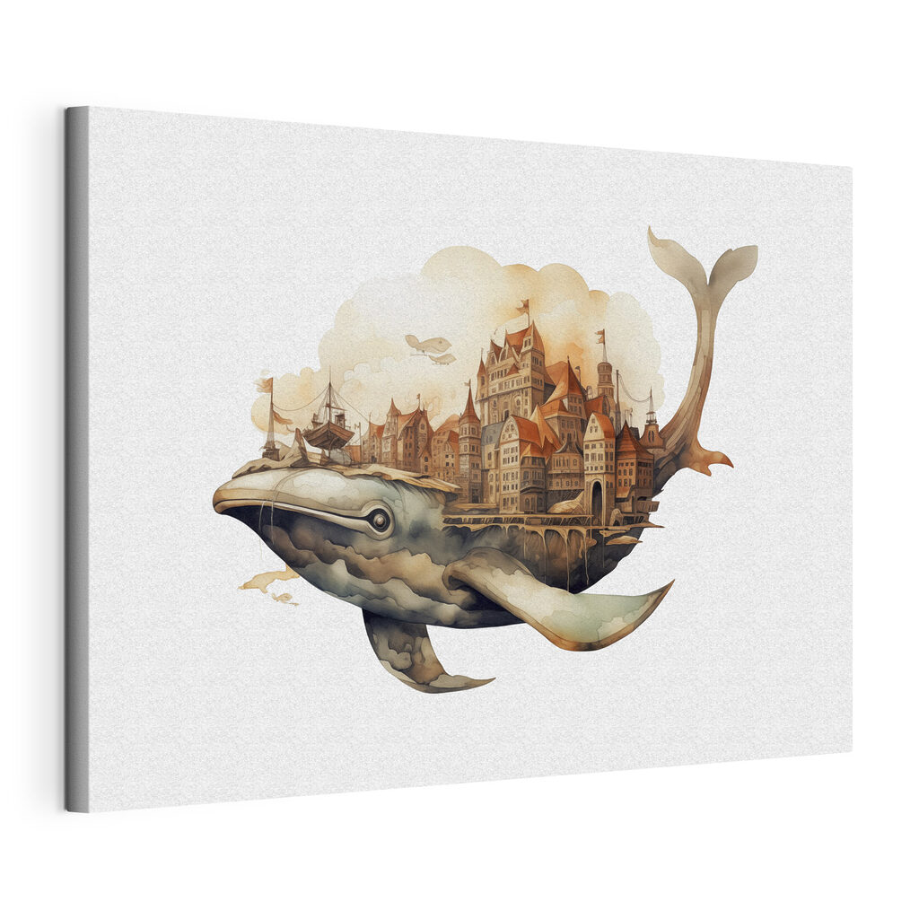 A whale with a city in the background