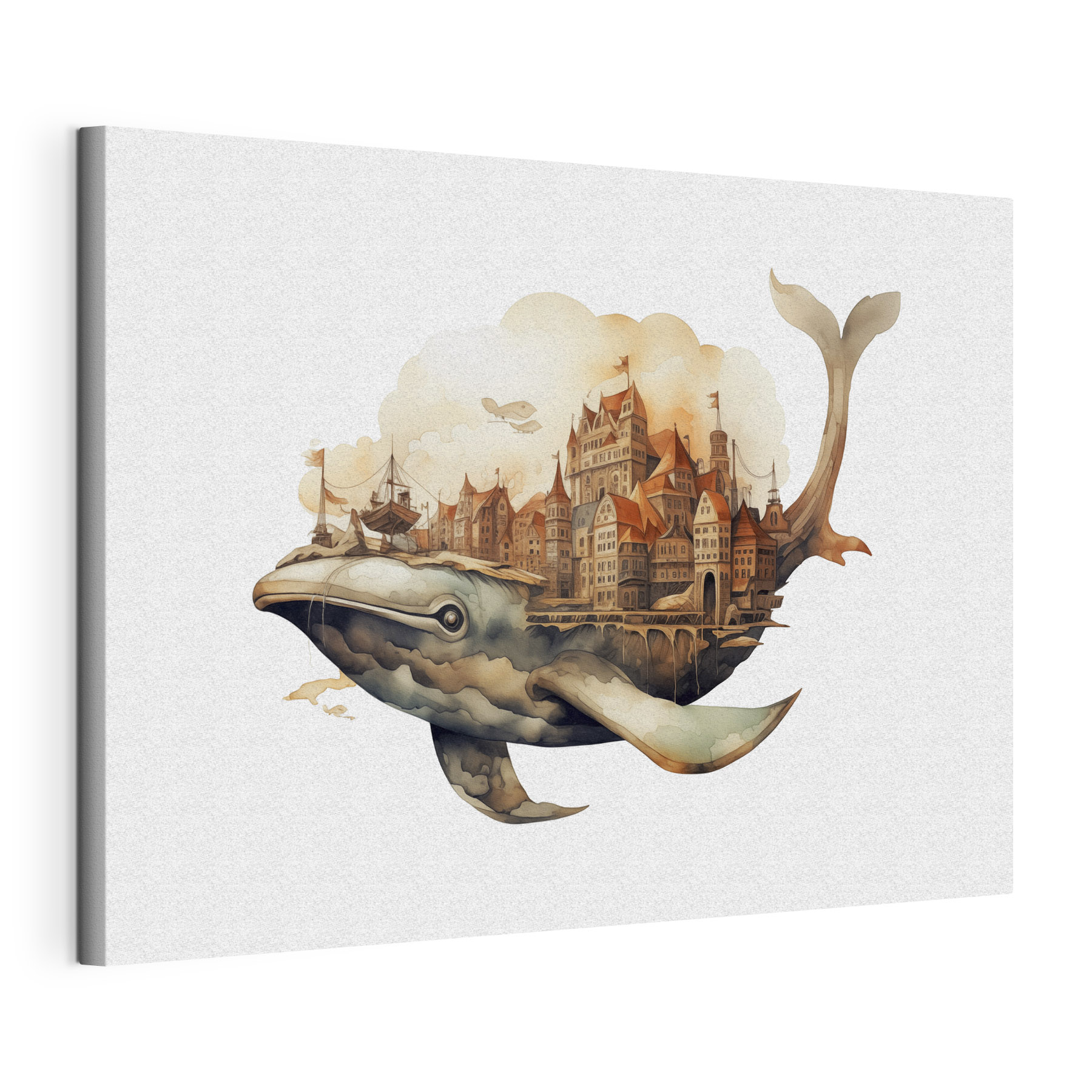 A whale with a city in the background