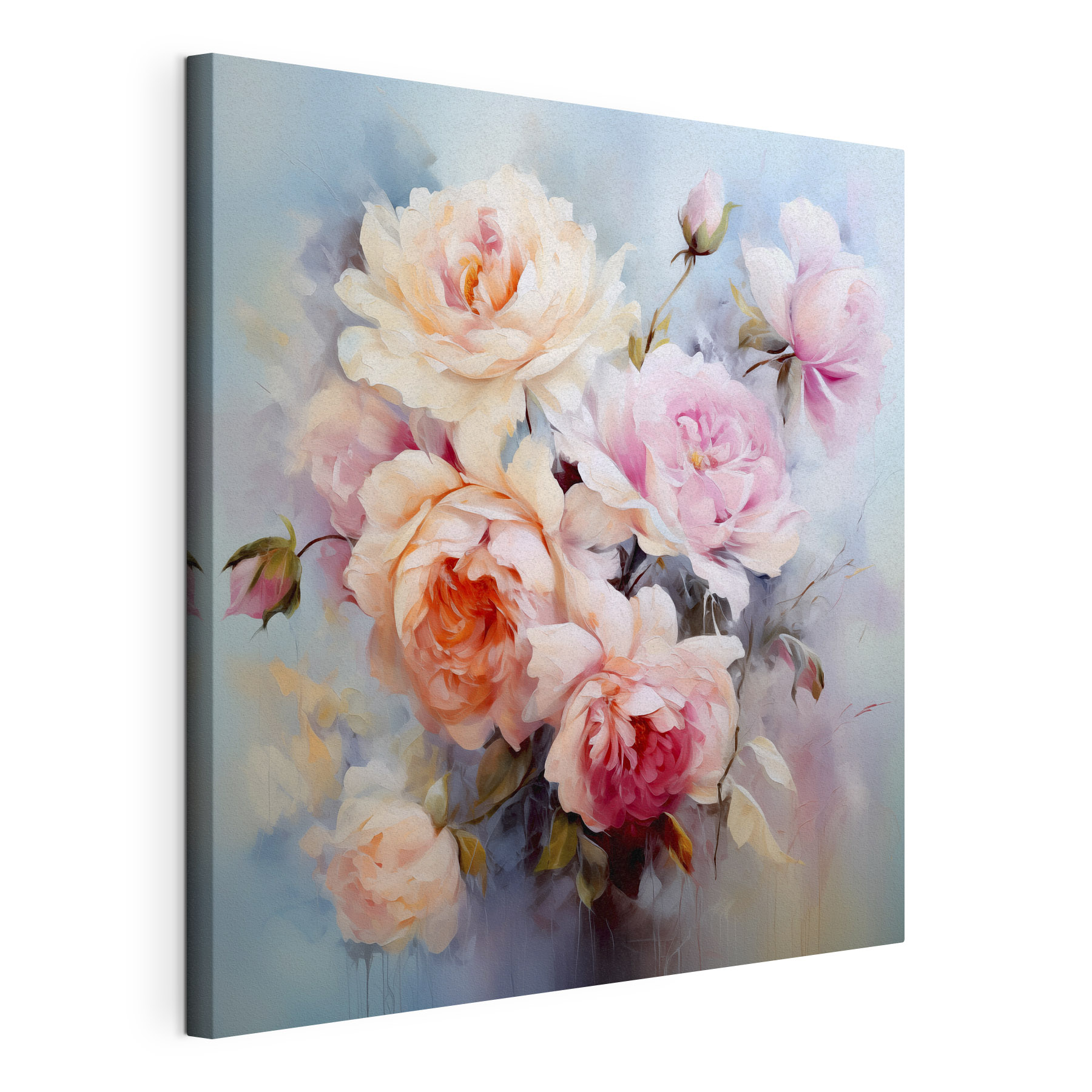 A painting of flowers on a blue background