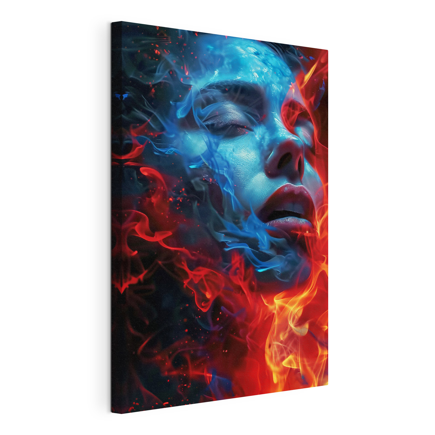 A woman's face with blue and red flames