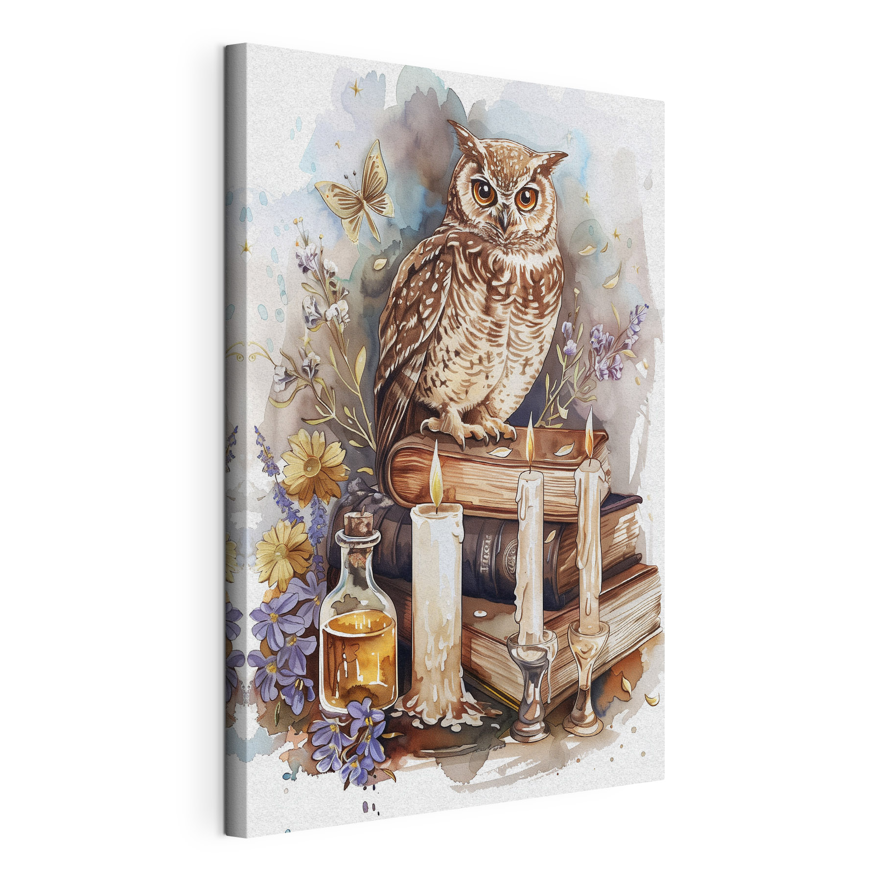 An owl sitting on a stack of books with candles and flowers An owl sitting on a stack of books with candles and flowers