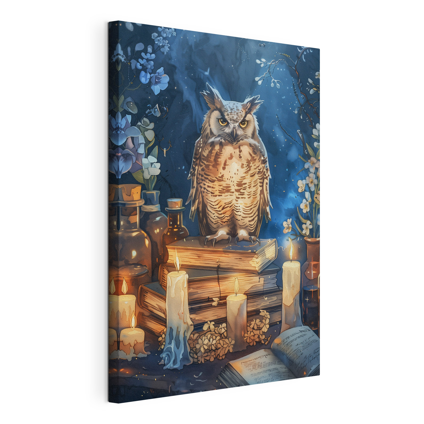An owl sitting on books and candles An owl sitting on books and candles