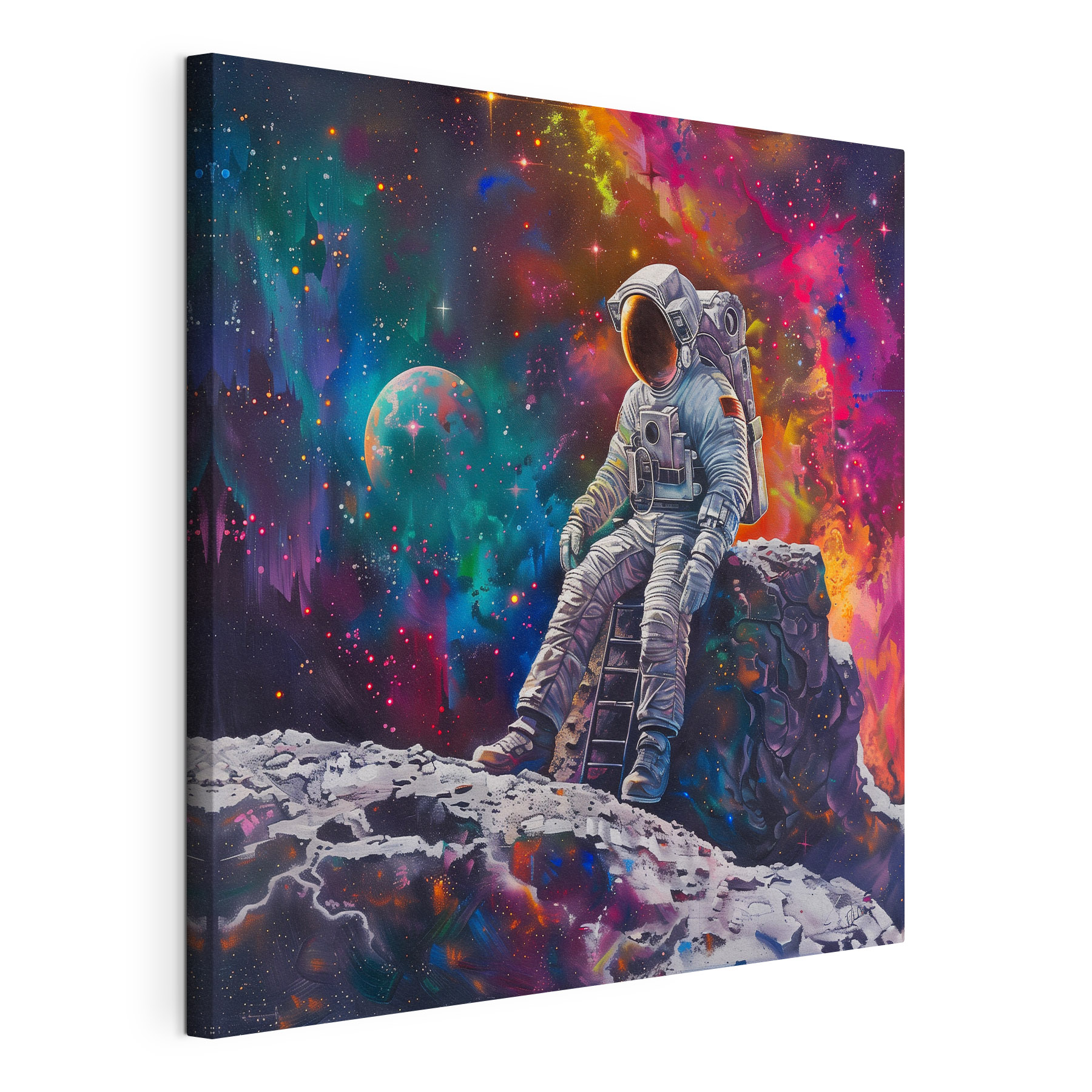 An astronaut sitting on a rock in space