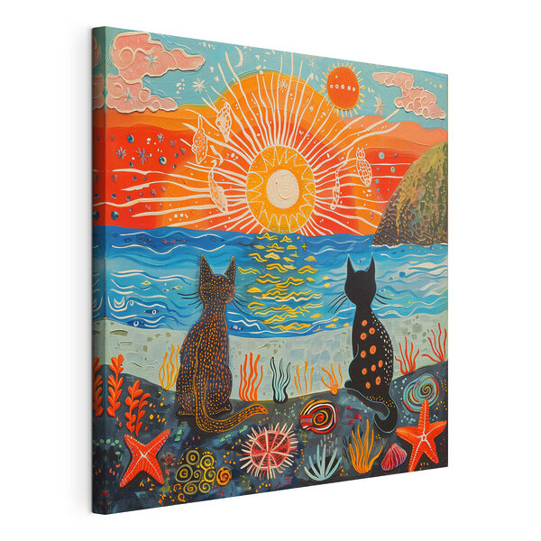 Cuadros Dos gatos sentados en la playa mirando al sol (SKU: s39080) Cuadros Cuadros Dos gatos sentados en la playa mirando al sol (SKU: s39080)