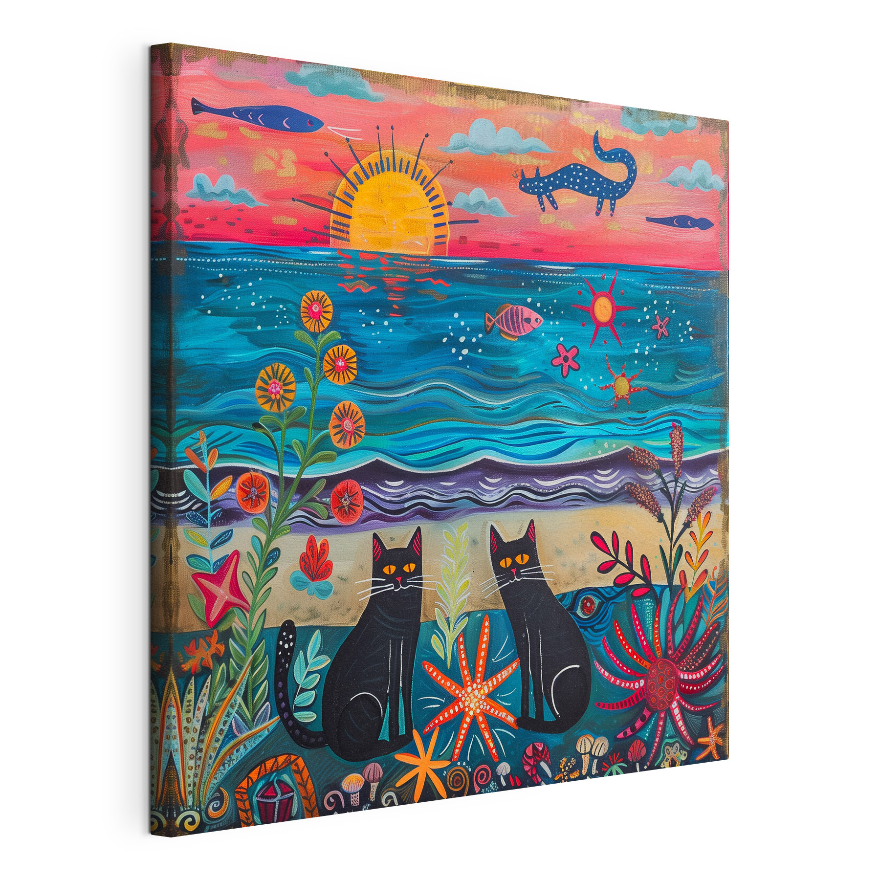 A painting of cats on a beach A painting of cats on a beach