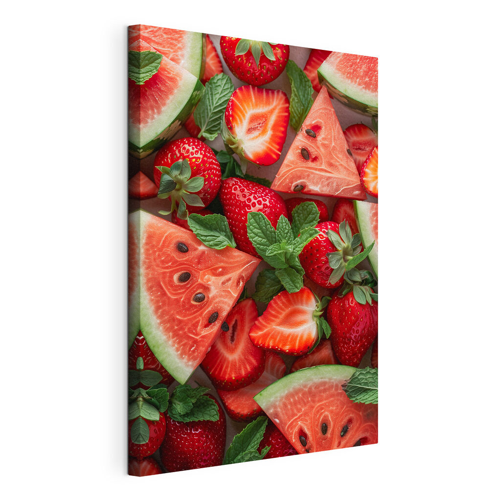 A group of sliced strawberries and watermelon