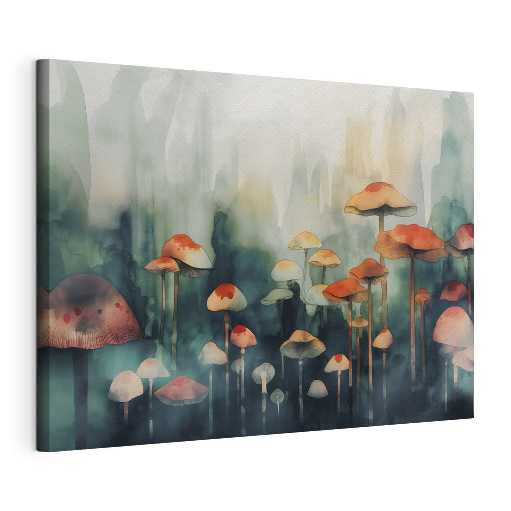 A group of mushrooms in a foggy forest