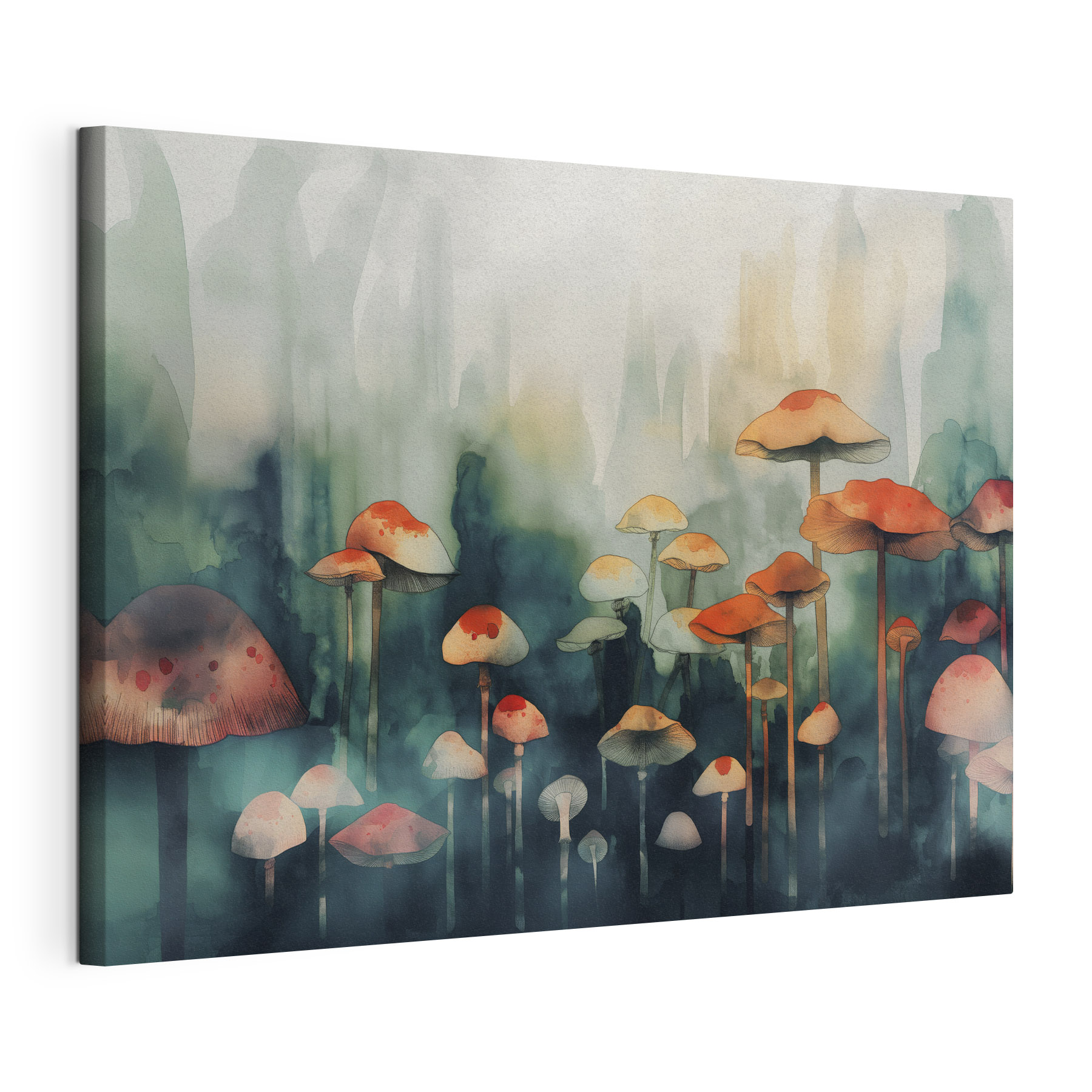 A group of mushrooms in a foggy forest