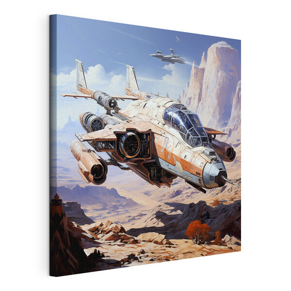 Ilustración de un videojuego en la que aparece una nave espacial sobrevolando un paisaje desértico Cuadros Ilustración de un videojuego en la que aparece una nave espacial sobrevolando un paisaje desértico