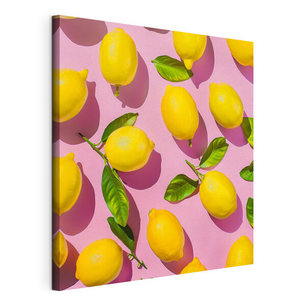 Cuadros Un grupo de limones con hojas sobre una superficie rosa (SKU: s39137) Cuadros Cuadros Un grupo de limones con hojas sobre una superficie rosa (SKU: s39137)