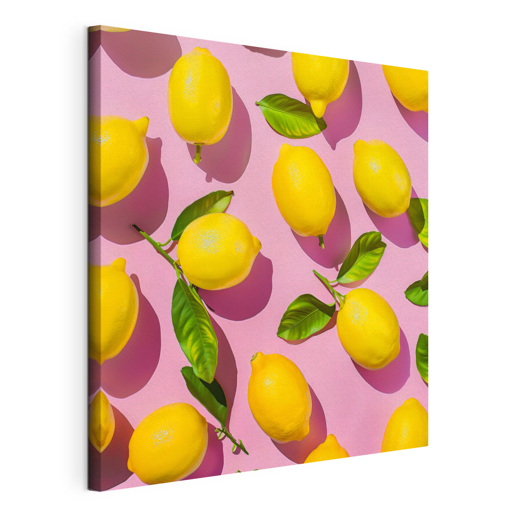 A group of lemons with leaves on a pink surface A group of lemons with leaves on a pink surface