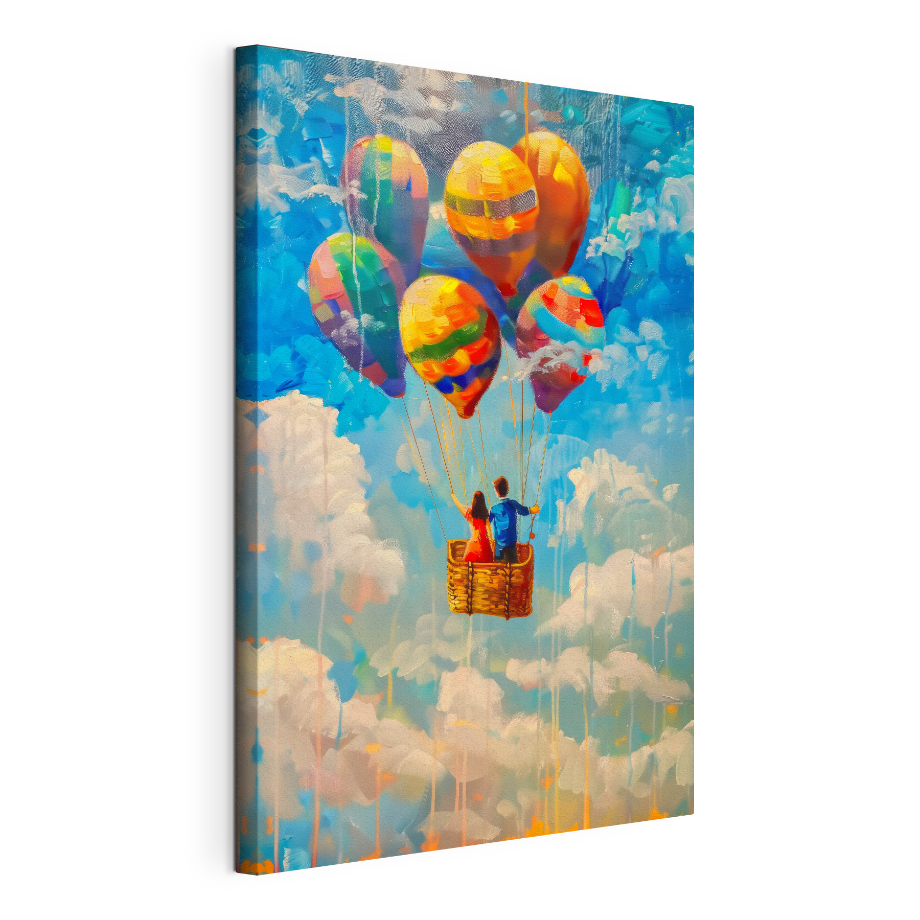 A painting of a couple in a basket on hot air balloons A painting of a couple in a basket on hot air balloons