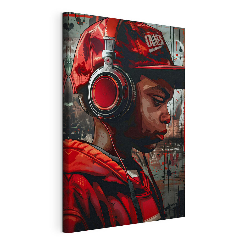 A boy wearing headphones and red hat A boy wearing headphones and red hat