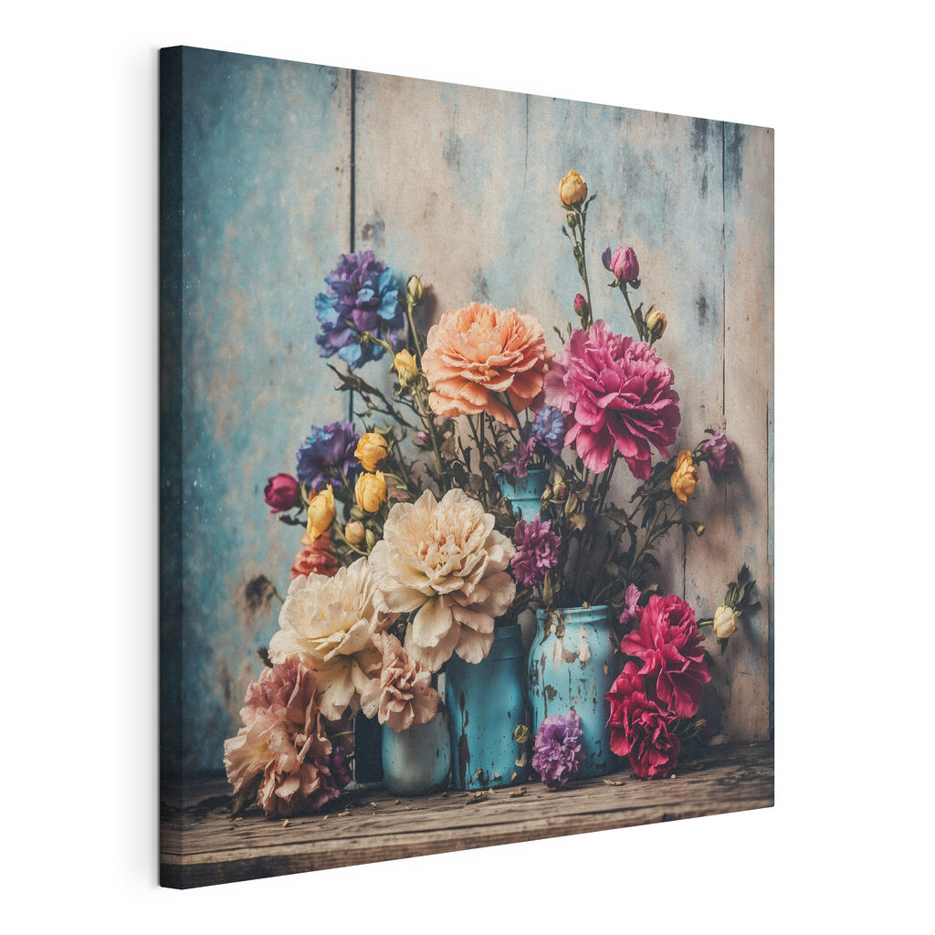 A group of colorful flowers in blue vases A group of colorful flowers in blue vases