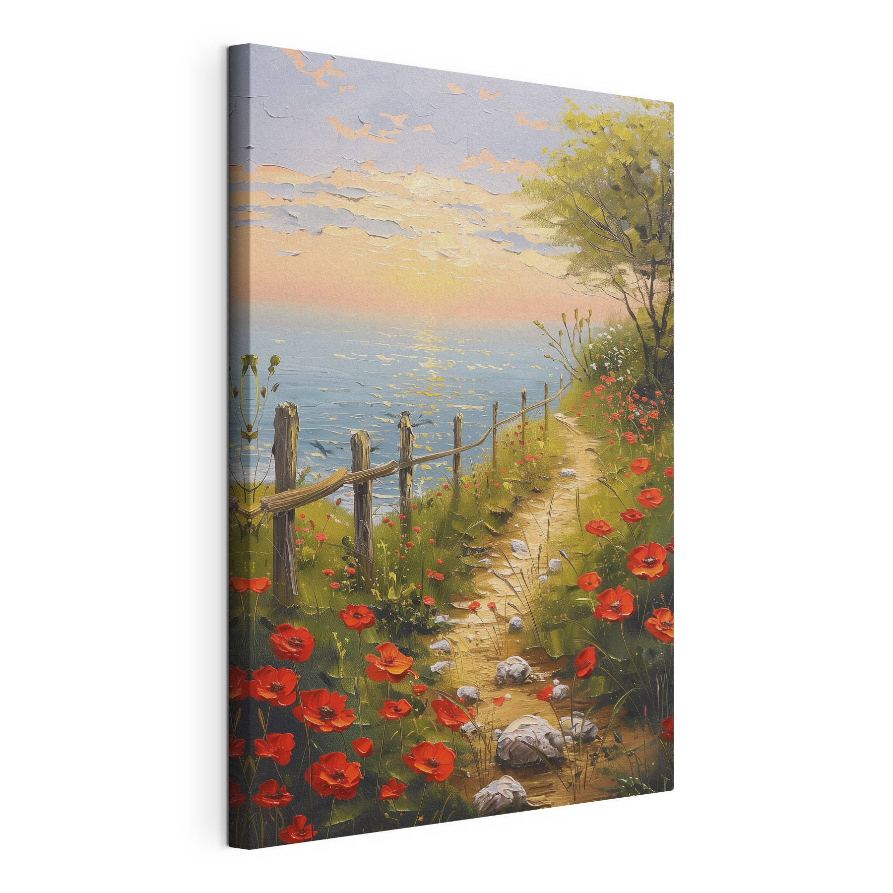 A path leading to a beach with red flowers