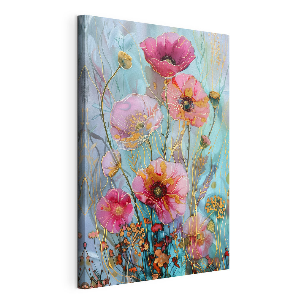 A painting of flowers on a blue background A painting of flowers on a blue background