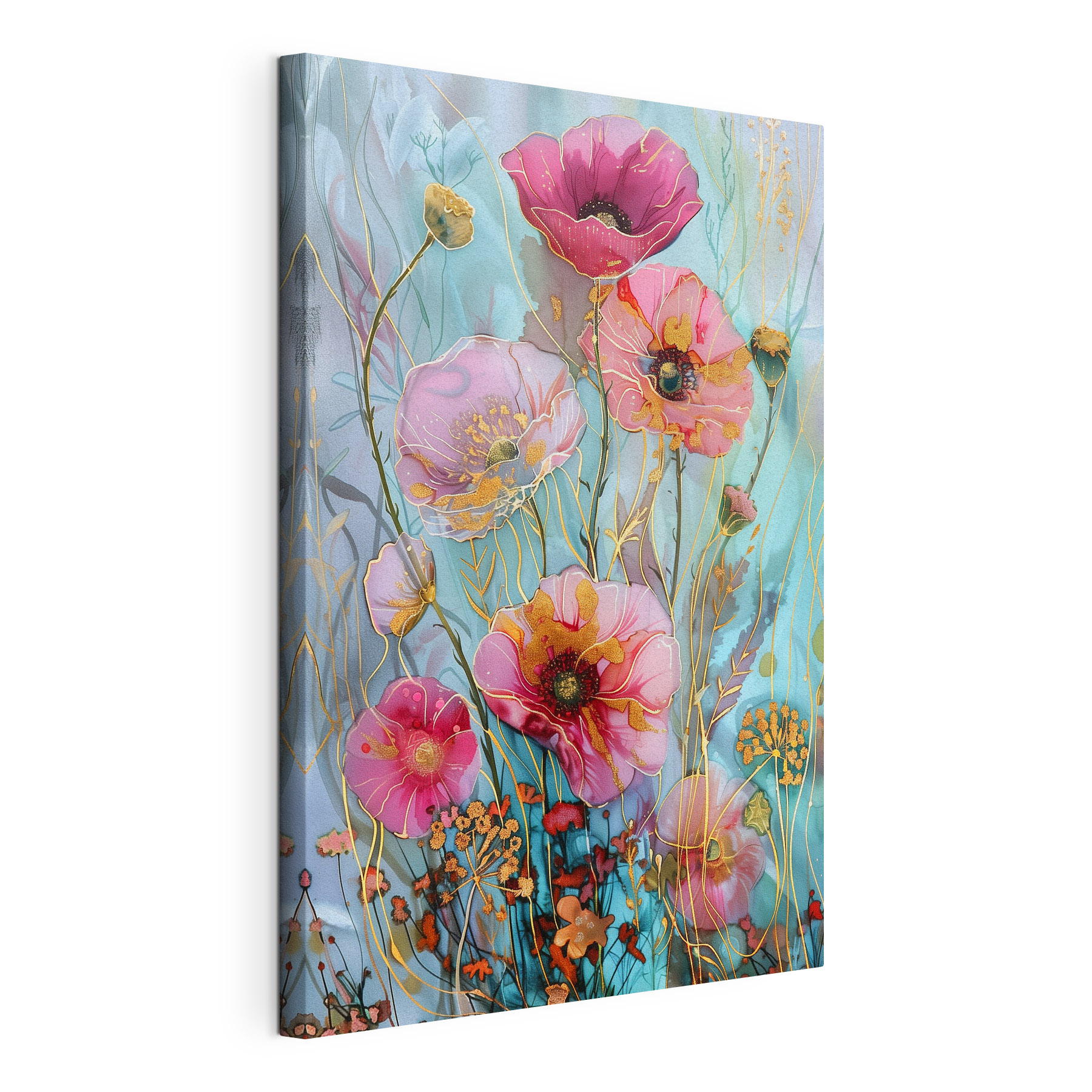 A painting of flowers on a blue background A painting of flowers on a blue background
