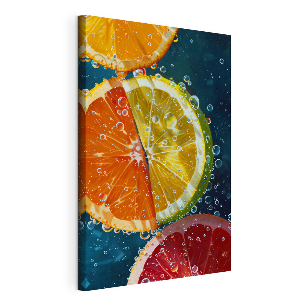 Citrus slices dancing in bubbles