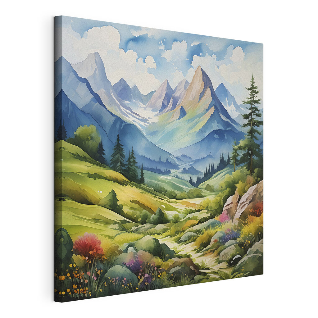 A painting of a landscape with mountains and trees