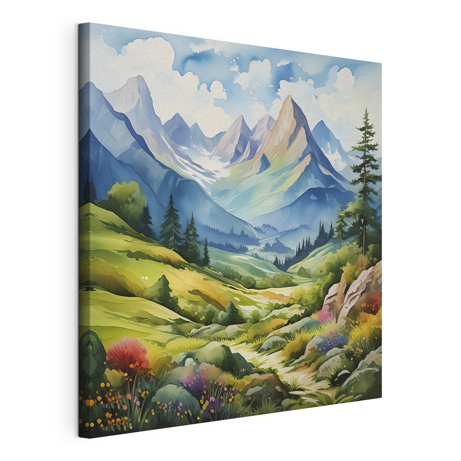 A painting of a landscape with mountains and trees