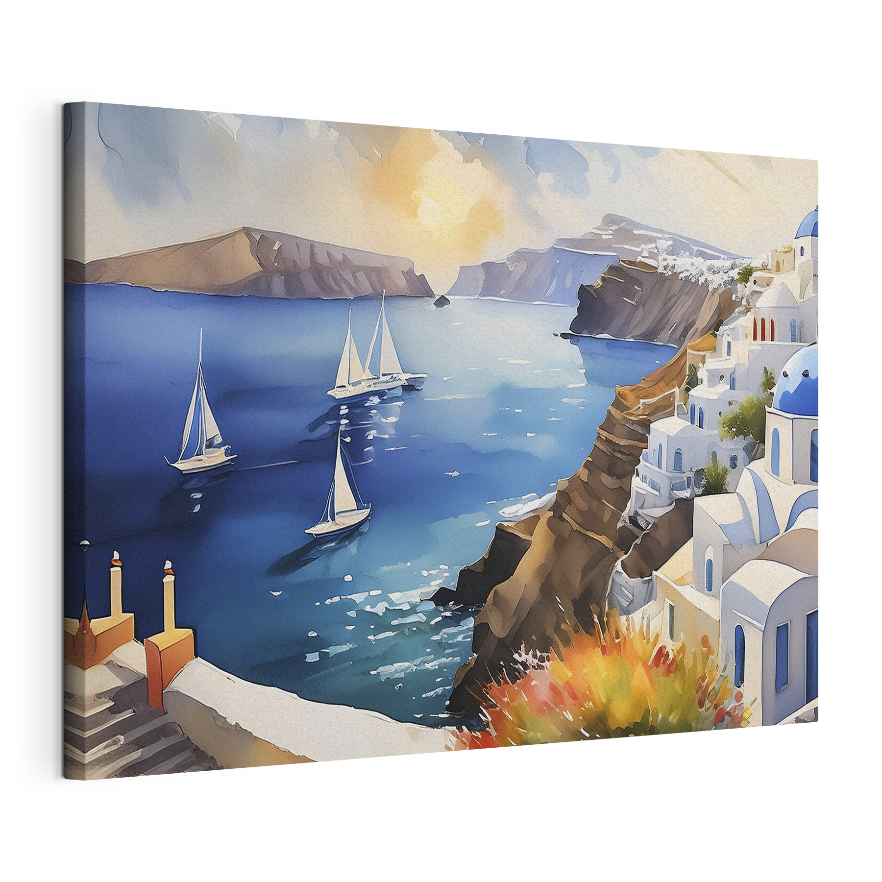 A painting of a sea with boats and buildings A painting of a sea with boats and buildings