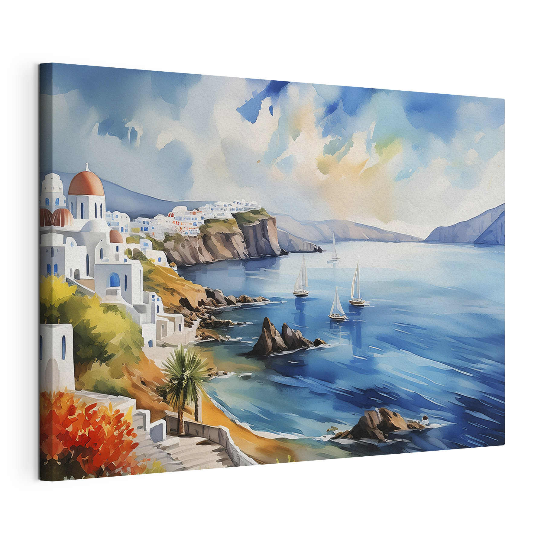 A watercolor painting of a town on a cliff A watercolor painting of a town on a cliff