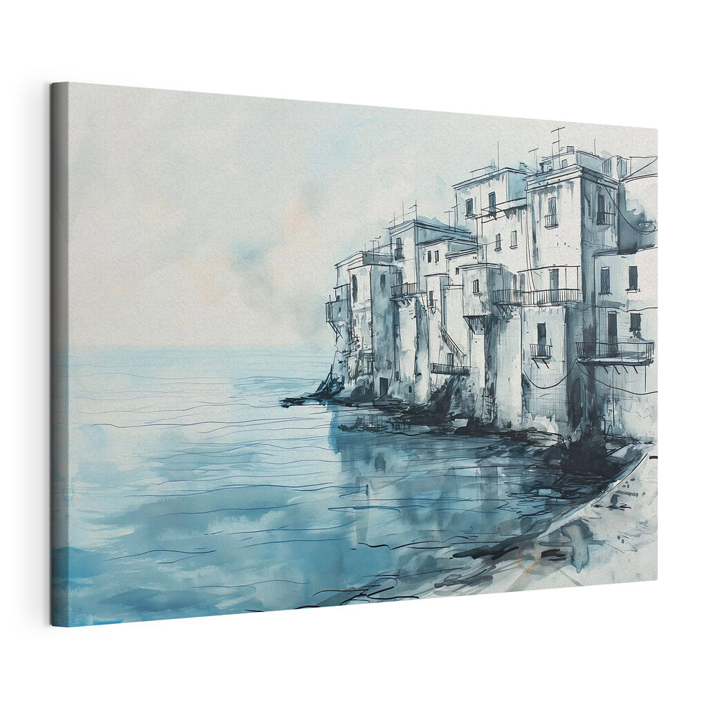 A watercolor of a building next to a body of water