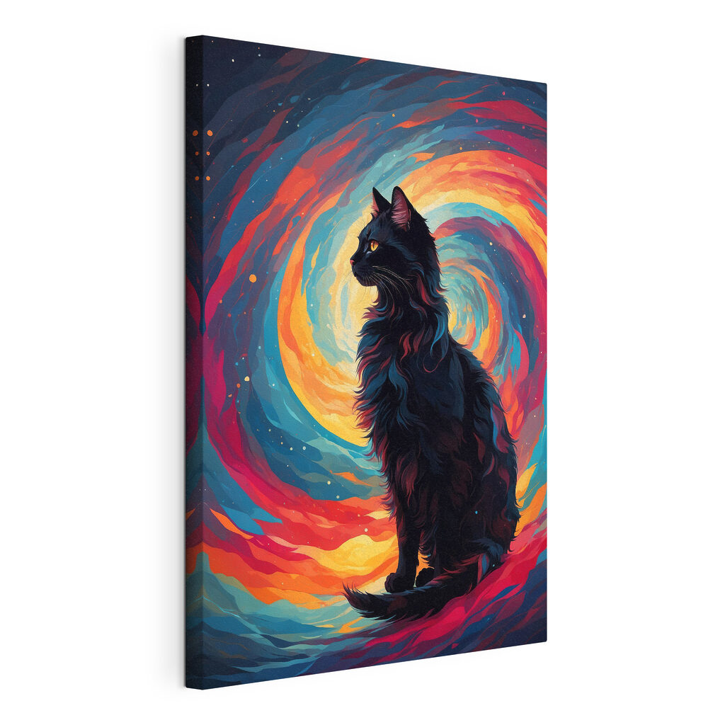 Cat sitting in front of a colorful swirl
