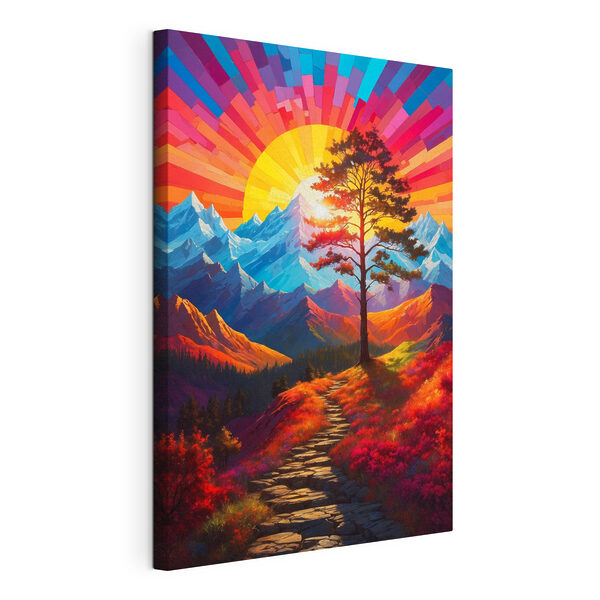 Cuadros Cuadro de un paisaje montañoso con un árbol y una puesta de sol llena de color