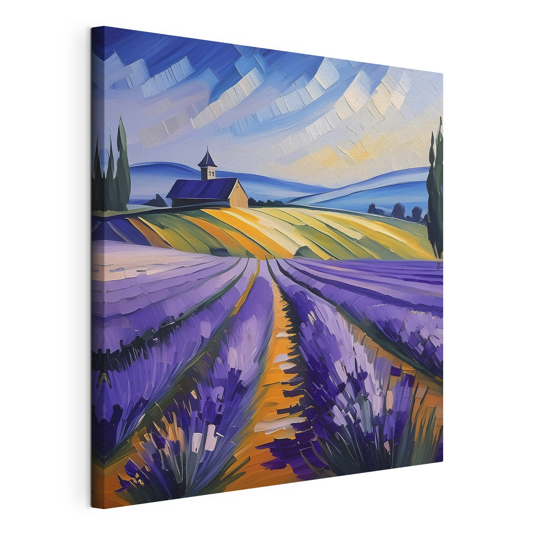 A painting of a field of lavender