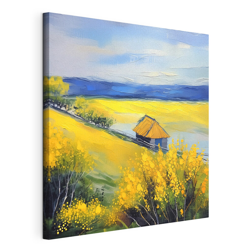 A painting of a house in a field of yellow flowers A painting of a house in a field of yellow flowers