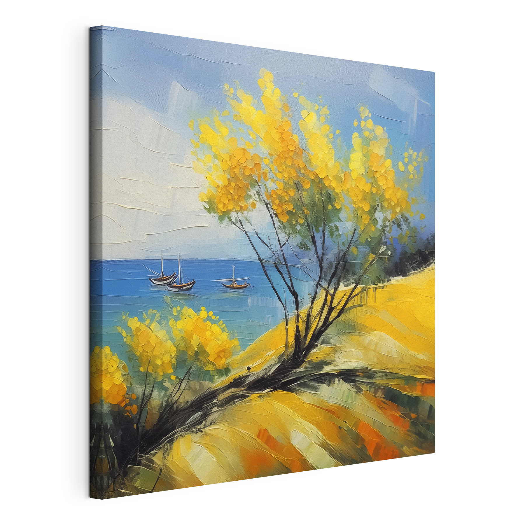 A painting of a yellow tree and boats in the water A painting of a yellow tree and boats in the water