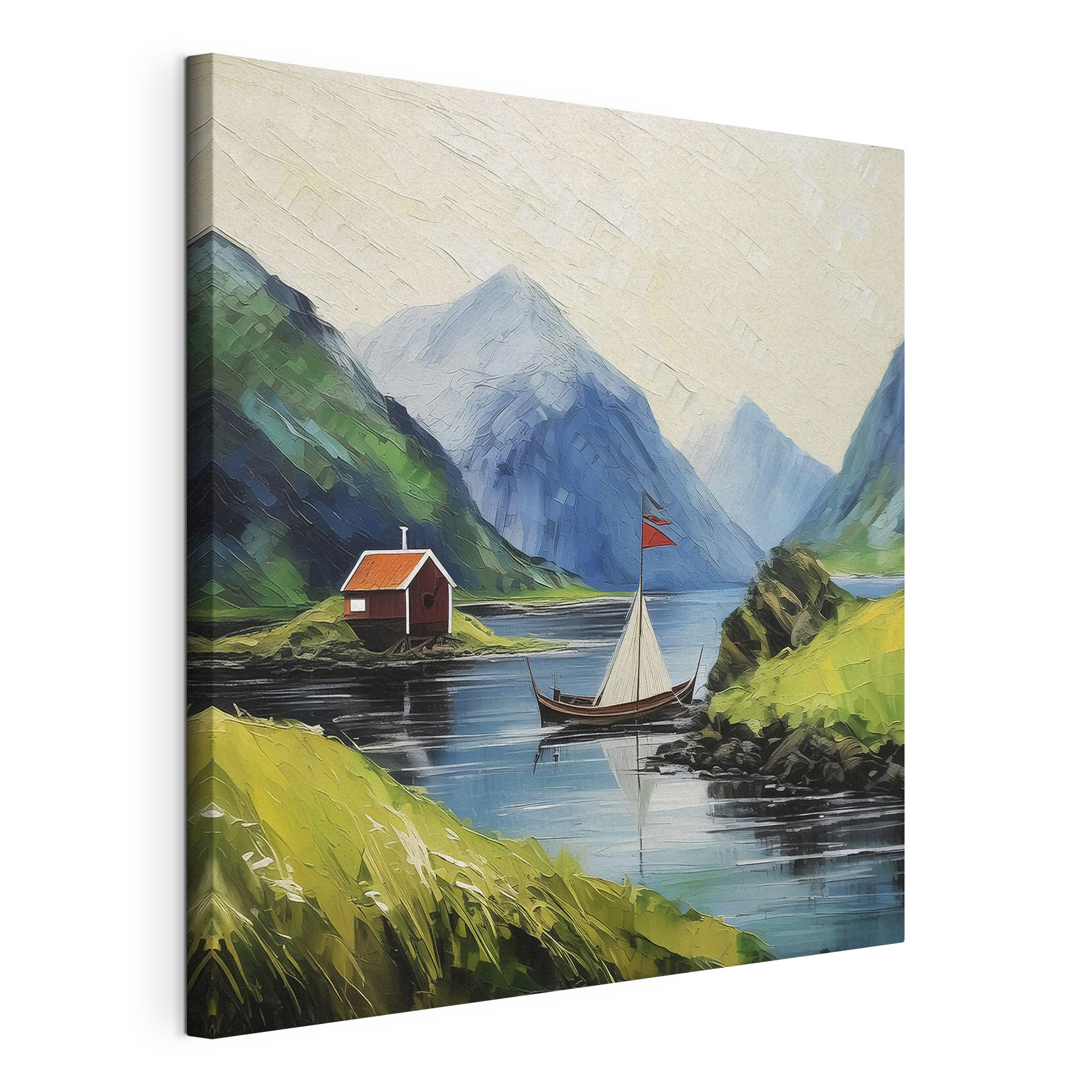 A painting of a boat on a lake with mountains and a house A painting of a boat on a lake with mountains and a house