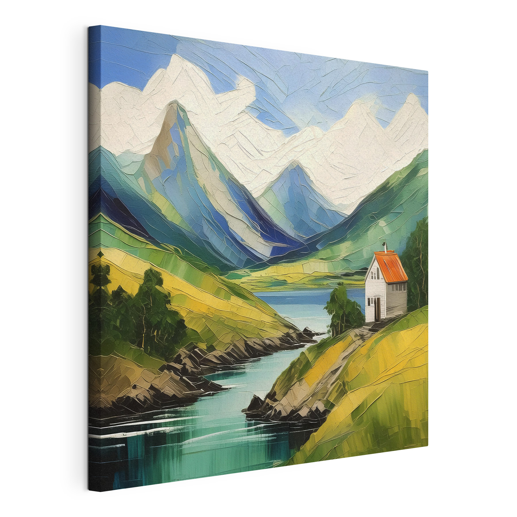 A painting of a house on a hill by a river