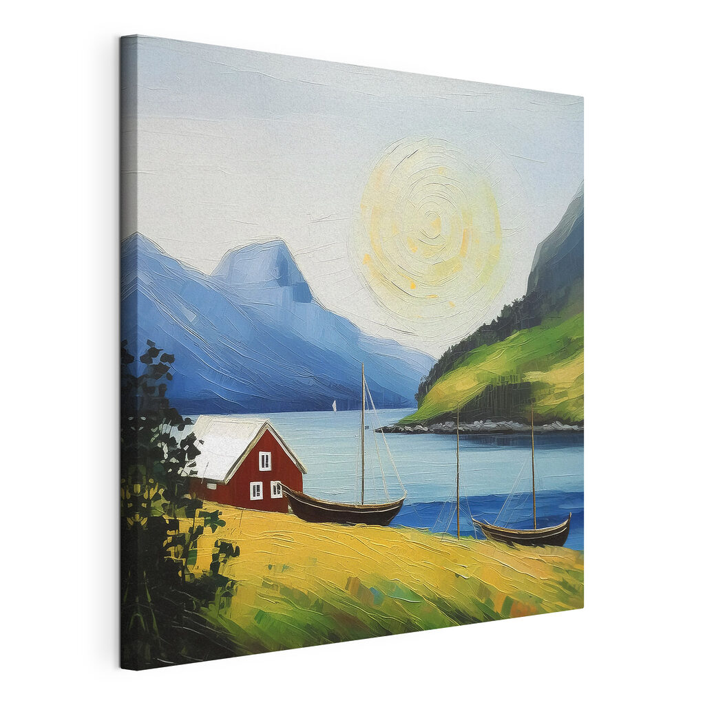 A painting of a house and boats on a lake A painting of a house and boats on a lake
