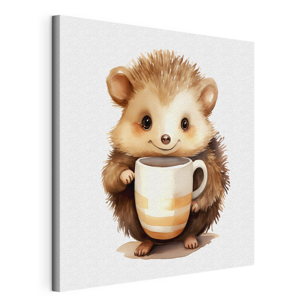 A watercolor of a hedgehog holding a cup A watercolor of a hedgehog holding a cup