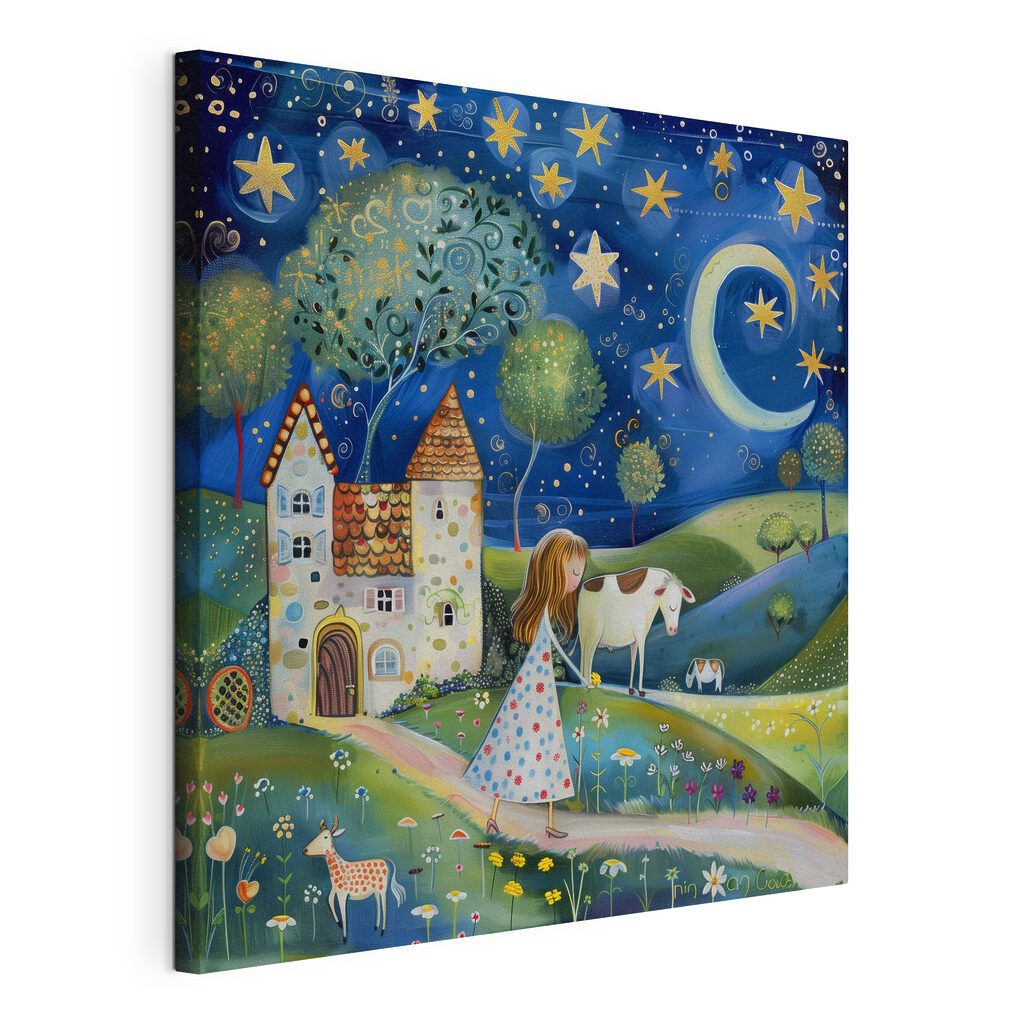 Girl walking on a path with a cow and a house Girl walking on a path with a cow and a house
