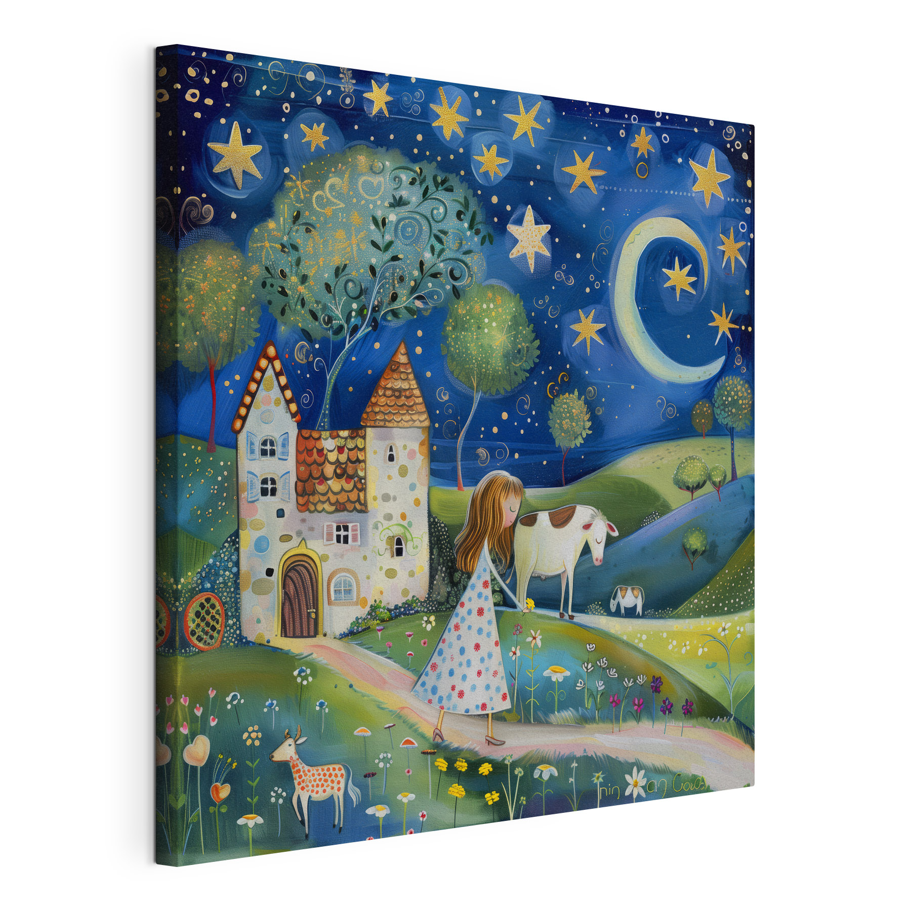 Girl walking on a path with a cow and a house Girl walking on a path with a cow and a house