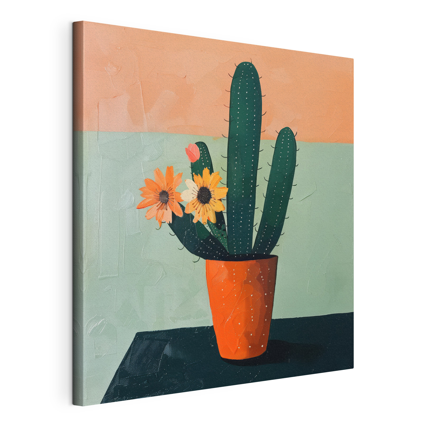 Painting of a cactus with flowers in a pot