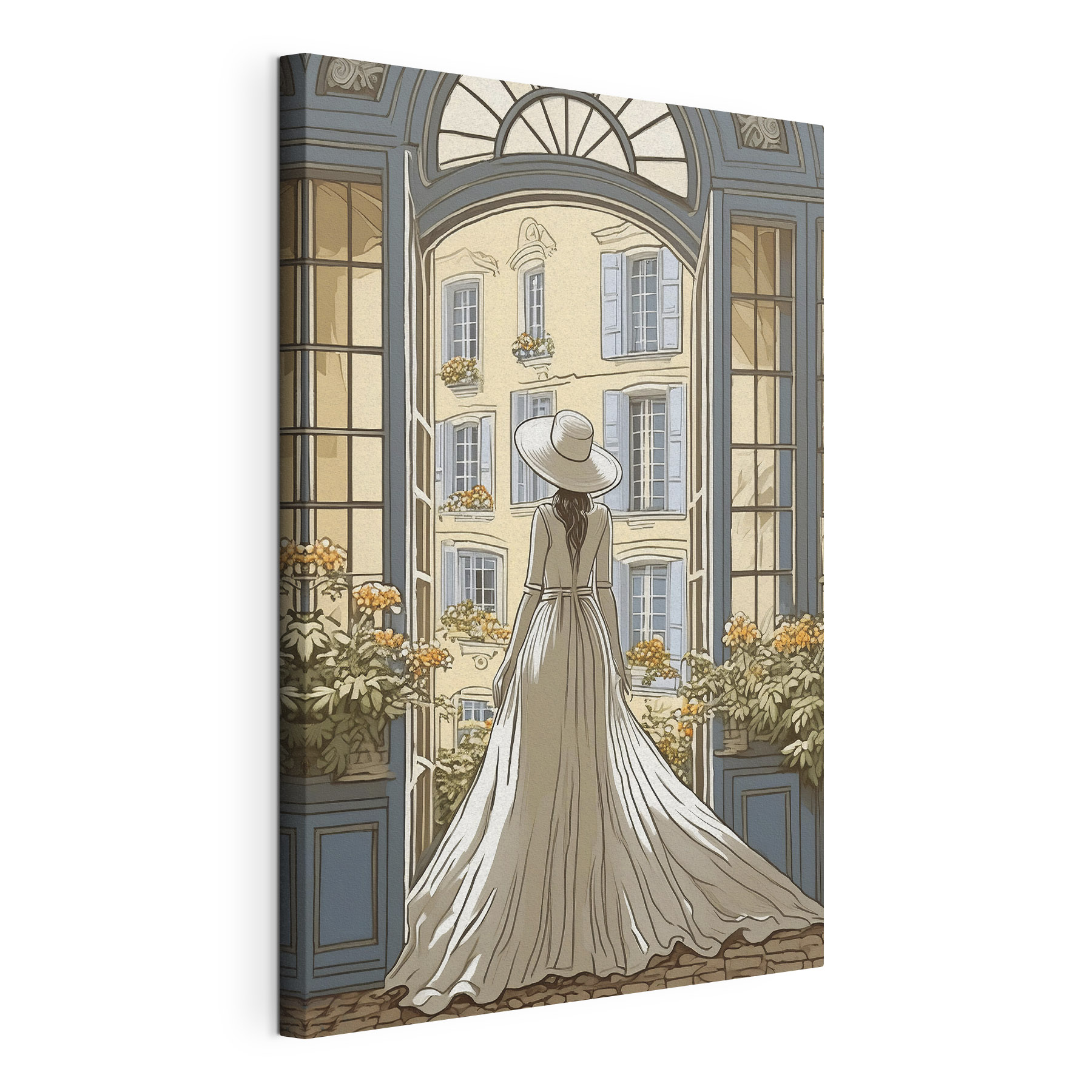 Woman in a dress and hat looking out a window Woman in a dress and hat looking out a window