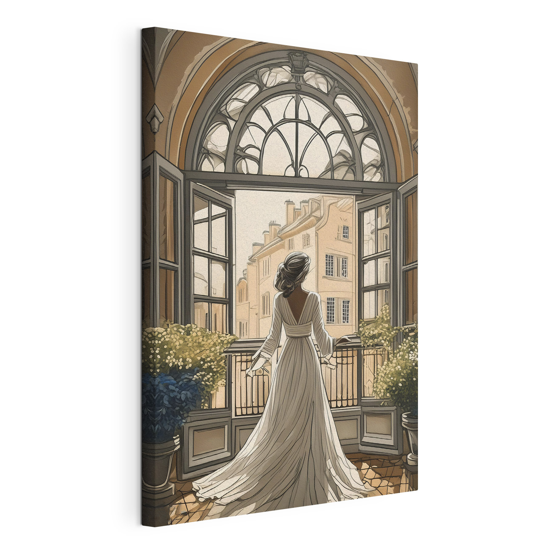 Woman in a white dress looking out a window Woman in a white dress looking out a window