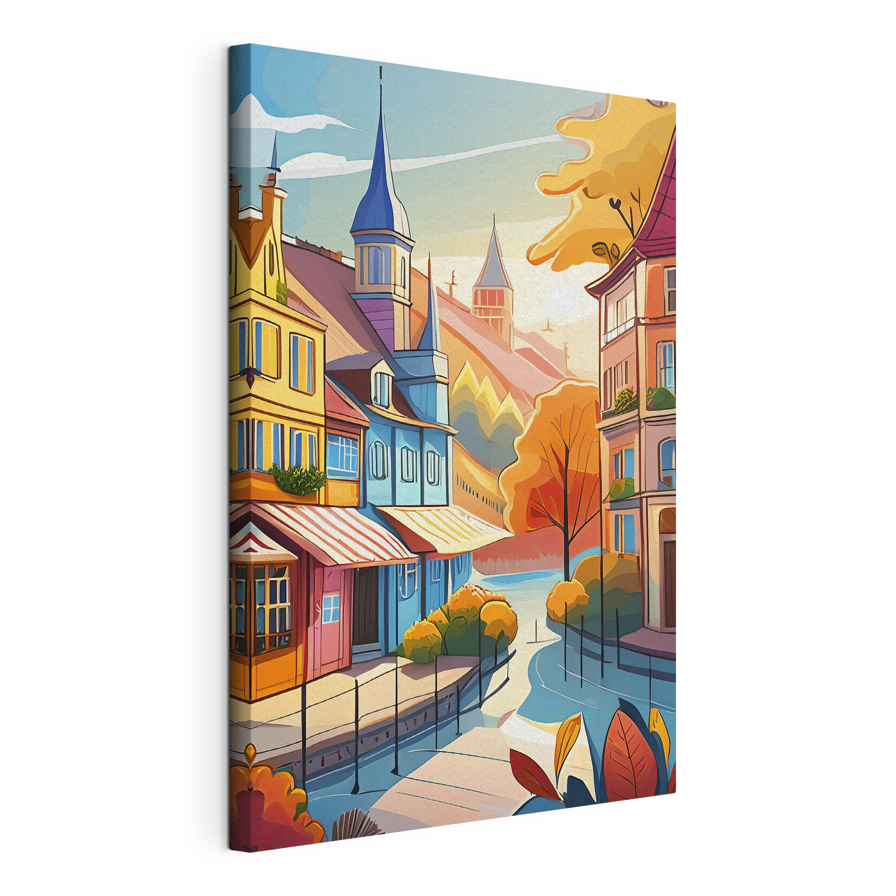 Colorful town with a river and trees Colorful town with a river and trees