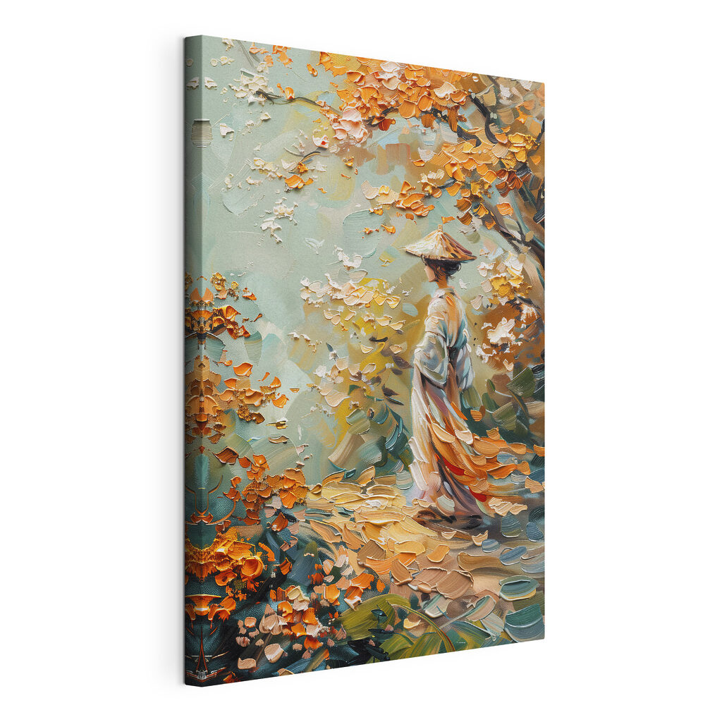 Painting of a woman walking in a park Painting of a woman walking in a park