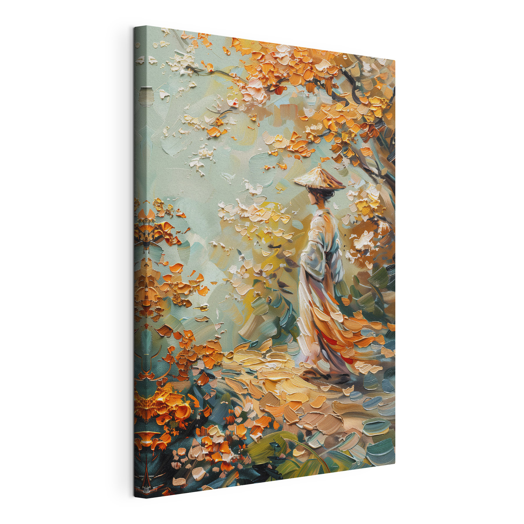 Painting of a woman walking in a park Painting of a woman walking in a park