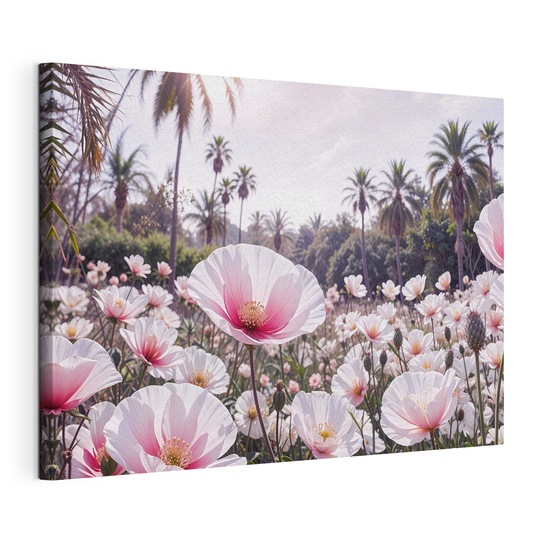 Field of white flowers with palm trees in the background Field of white flowers with palm trees in the background