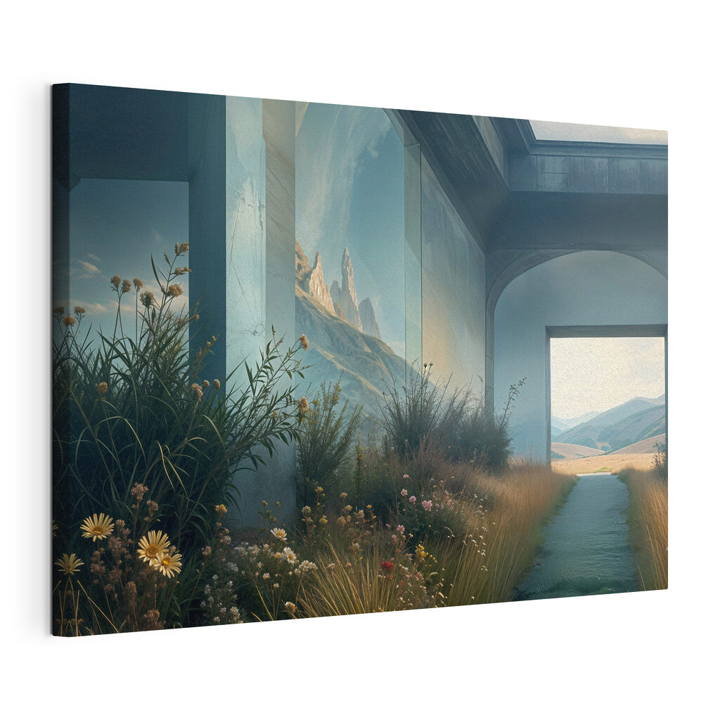 Building with a view of mountains and grass Building with a view of mountains and grass