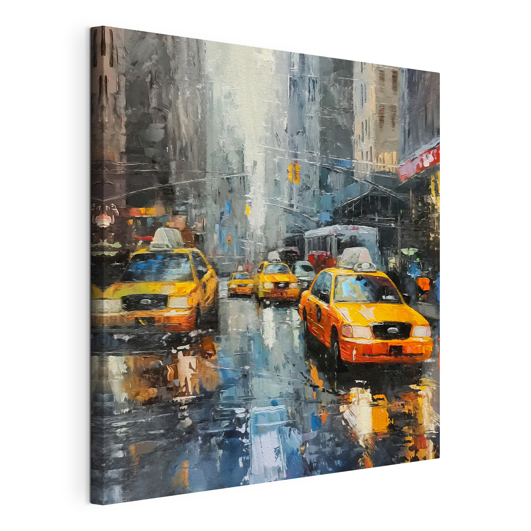 Painting of a street with yellow taxi cabs Painting of a street with yellow taxi cabs
